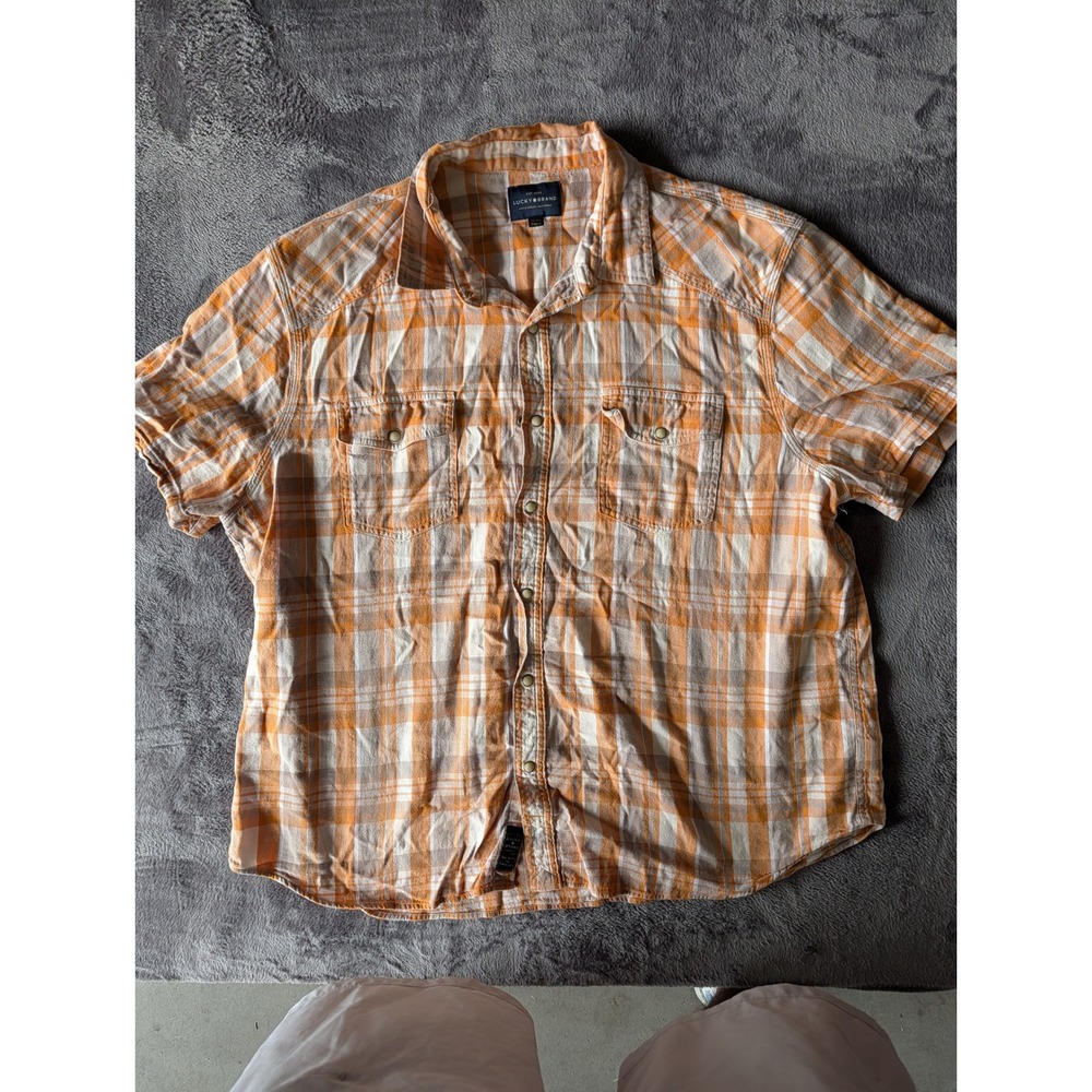 Lucky Brand Mens XXL Orange Plaid Western Pearl Snap Short Sleeve Shirt